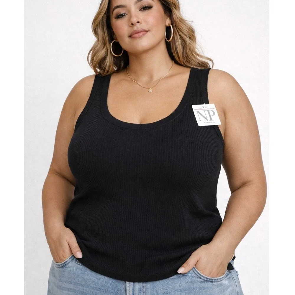 Nina Parker Tank Top Black Ribbed Knit Sleeveless Casual Scoop Neck 2X